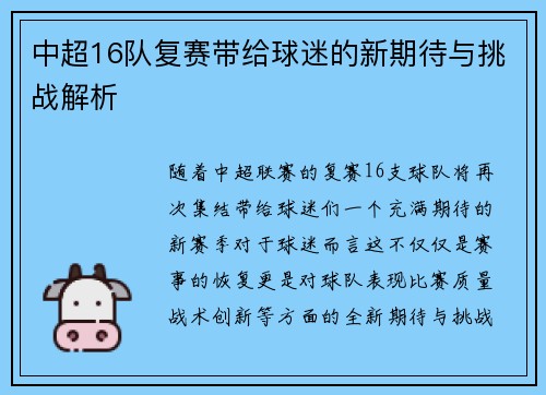 中超16队复赛带给球迷的新期待与挑战解析
